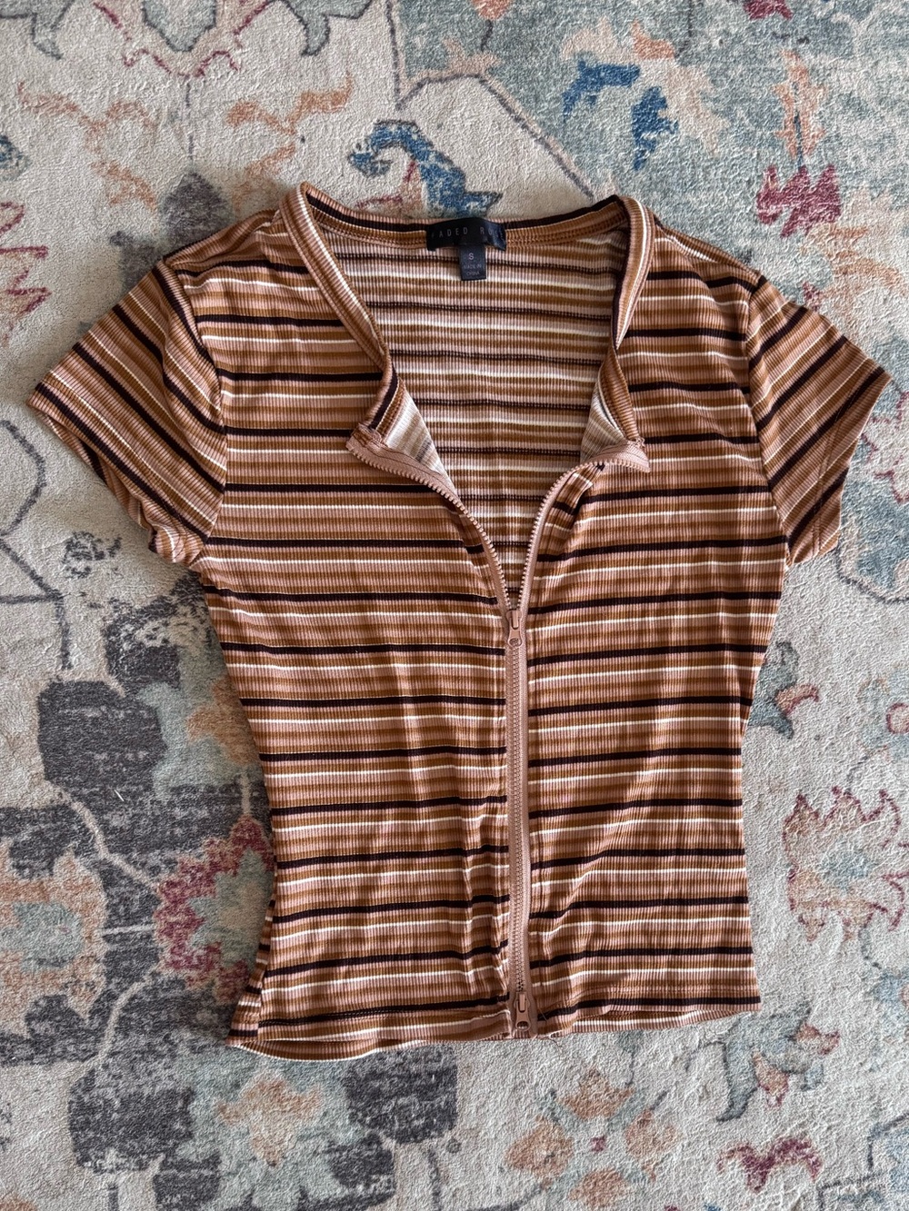 Fitted Brown Stripe Zip-Front Women's Top